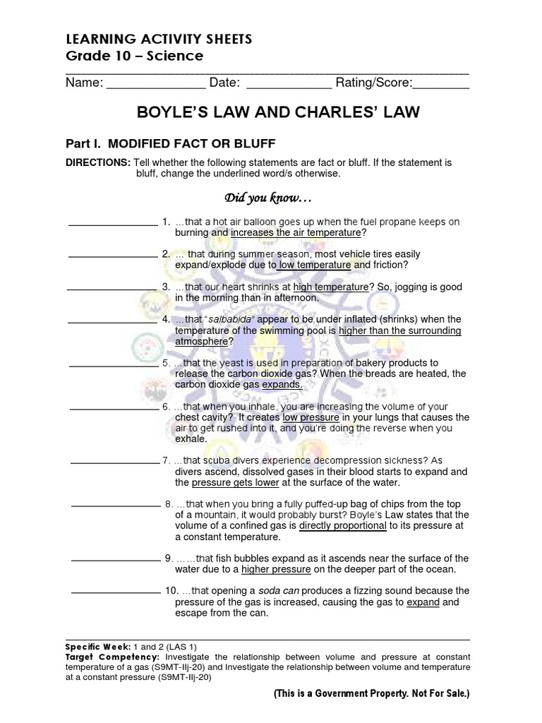 Boyle'S Law and Charles' Law: Learning Activity Sheets Grade 10 - Science |  PDF | Gases | Temperature