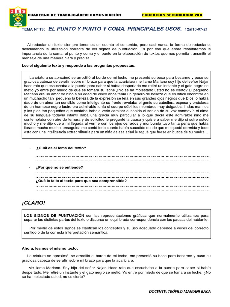 2do Comunicacion El Punto y Punto y Coma Usos La Leyenda | PDF | Coma ...