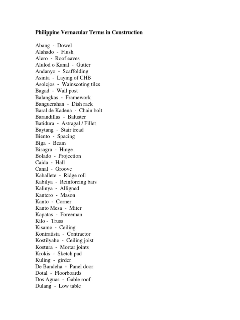 Philippine Vernacular Terms in Construction | PDF | Travel | Home & Garden