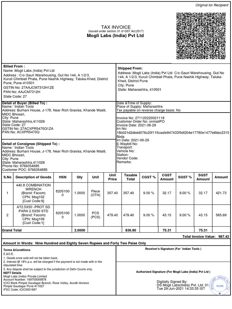 Mogli Labs (India) PVT LTD Tax Invoice PDF Trade Government