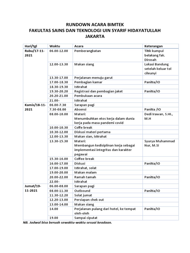 Rundown Acara Bimtek UIN Jakarta | PDF