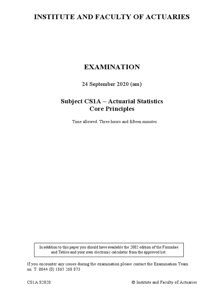 Institute and Faculty of Actuaries: Subject CS1A - Actuarial Statistics ...