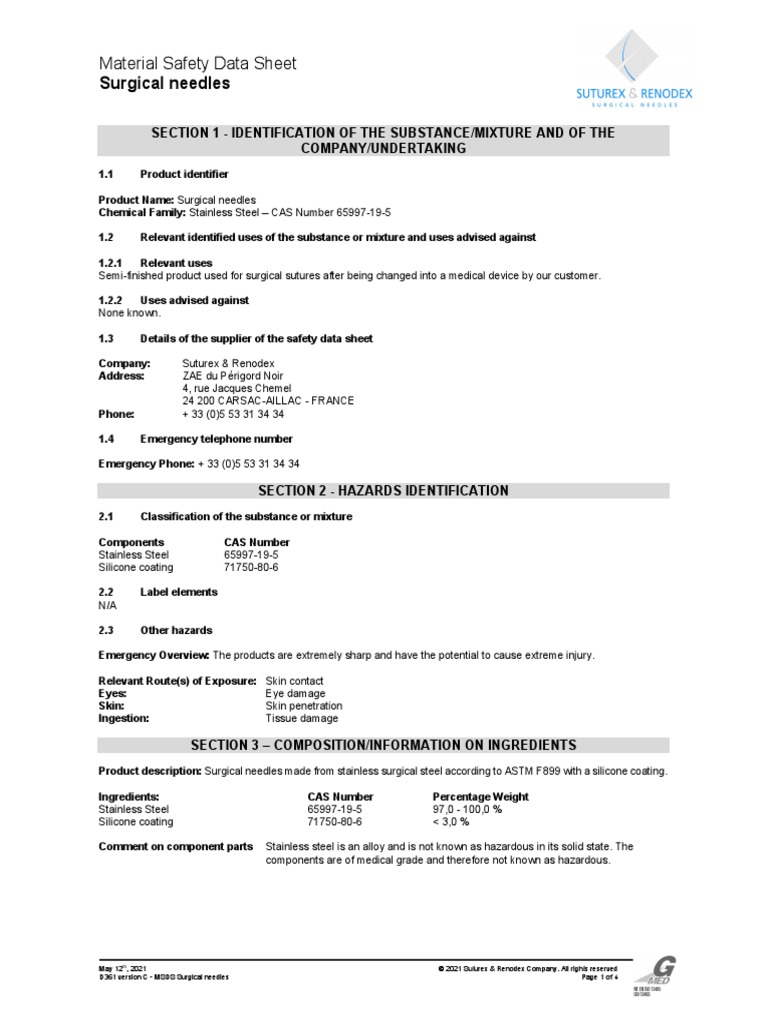 Material Safety Data Sheet - Surgical Needles | PDF | Dangerous Goods ...