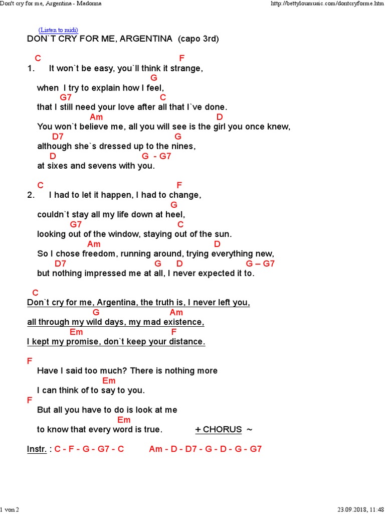 Don't Cry for Me, Argentina Lyrics | PDF | Madonna (Entertainer)
