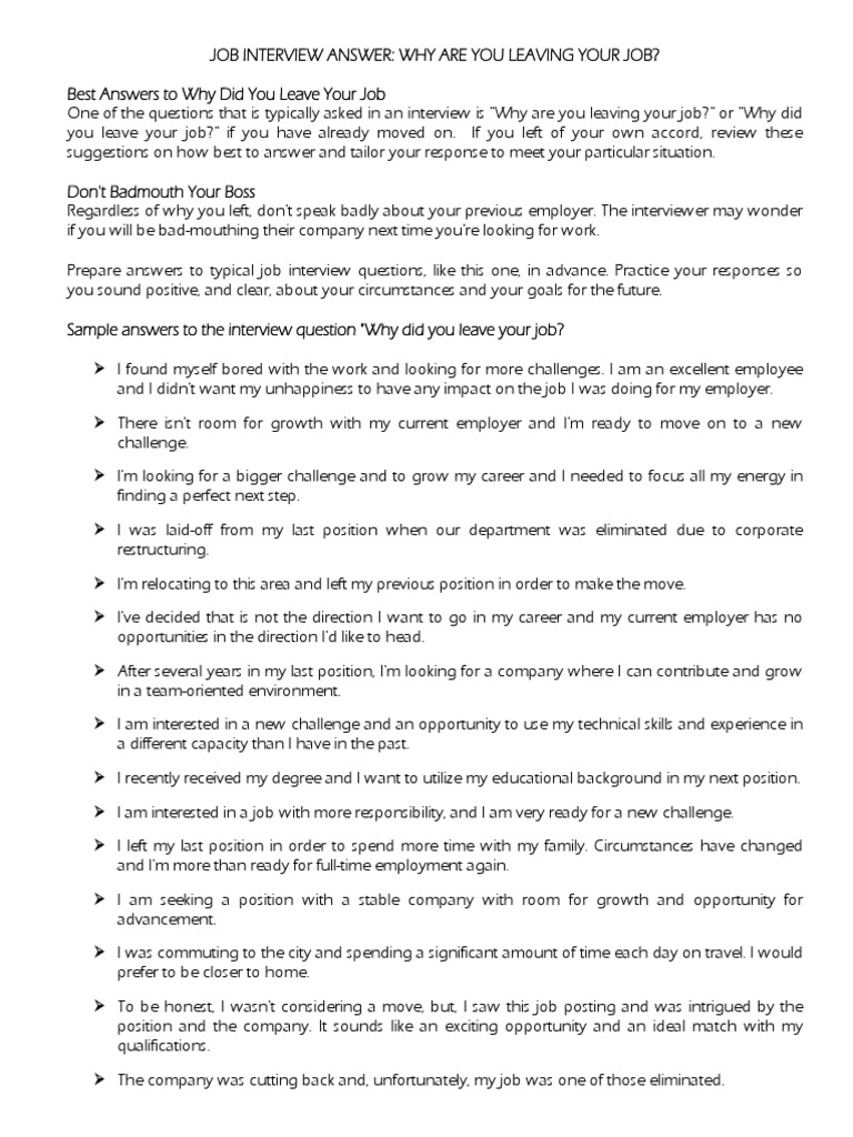 Why Are You Leaving Your Job PDF Employment Job Interview