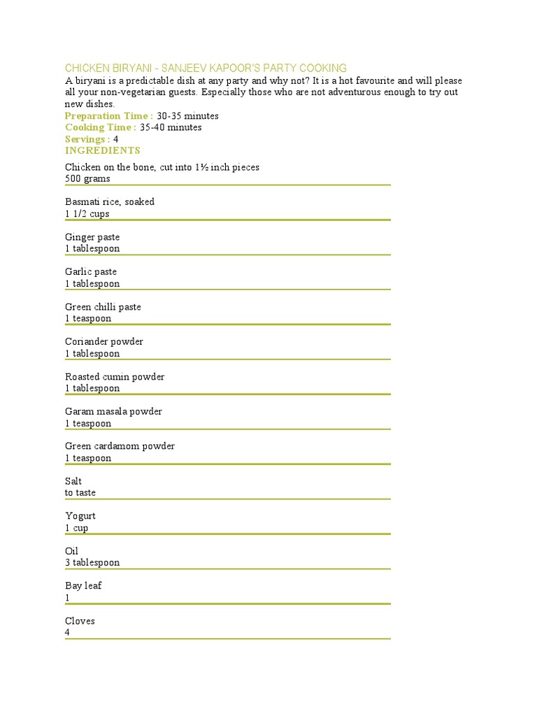 Chicken Biryani Sanjeev Kapoor'S Party Cooking Preparation Time