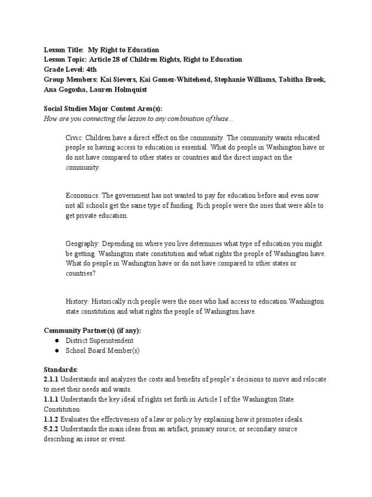 4th Grade Lesson: Right to Education | PDF | Malala Yousafzai | Rubric ...