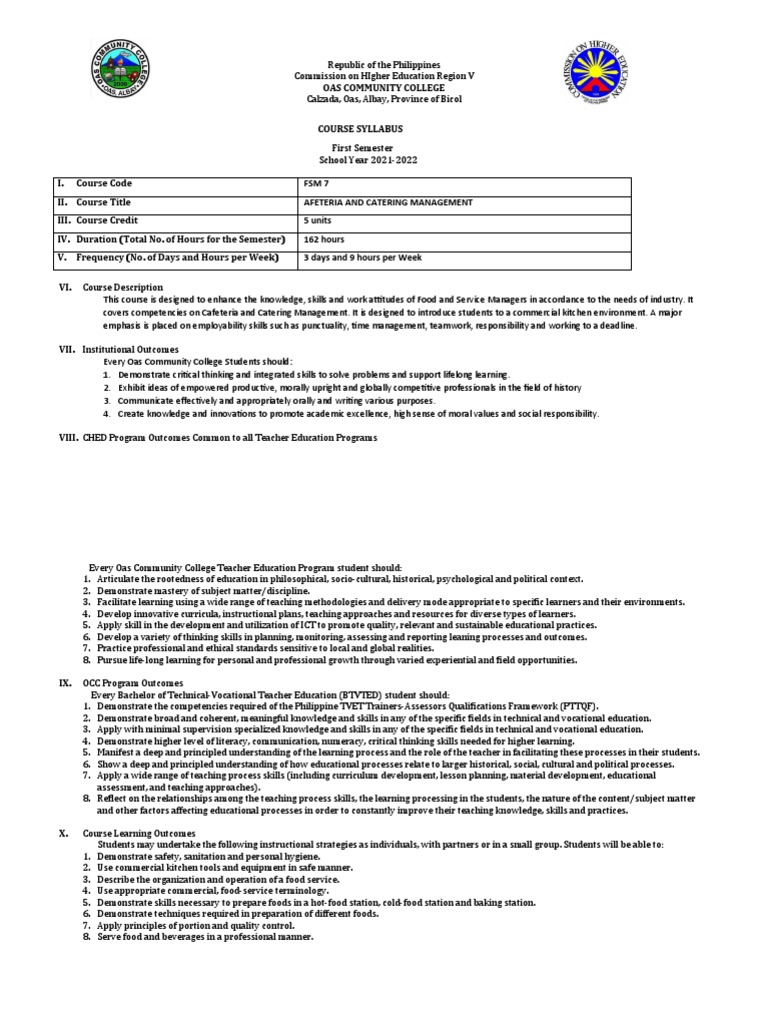 Cafeteria and Catering Mgt. Syllabus PDF Vocational Education Curriculum