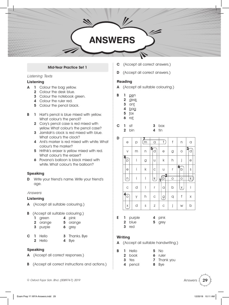 Yr1 Mid-Year Assessment - Model Test - Answers | PDF