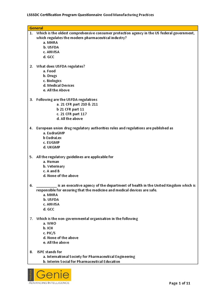 GMP Certification Quiz Questionnaire | PDF | Business
