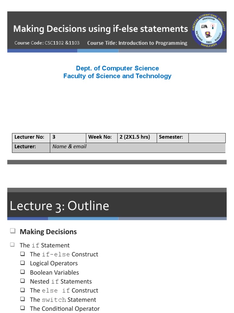 Making Decisions Using If-Else Statements: Dept. of Computer Science ...
