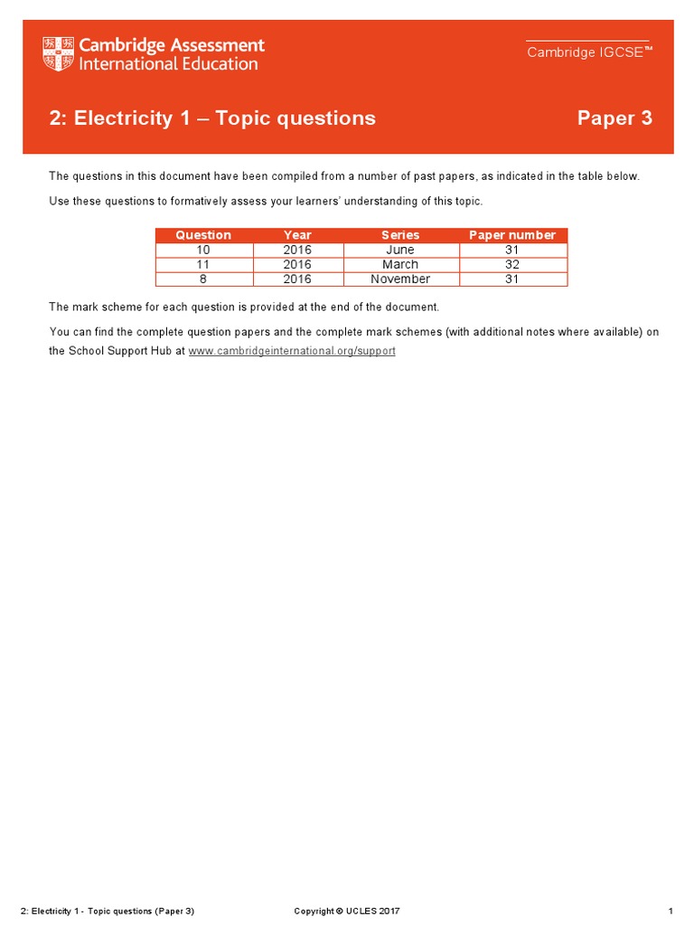 2: Electricity 1 - Topic Questions Paper 3: Year Series Paper Number ...