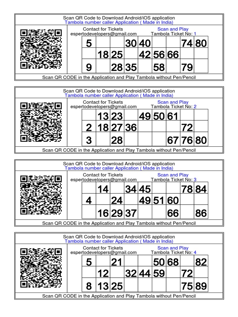 100 Tambola Tickets Printable Free PDF Free | PDF | Qr Code | Android ...