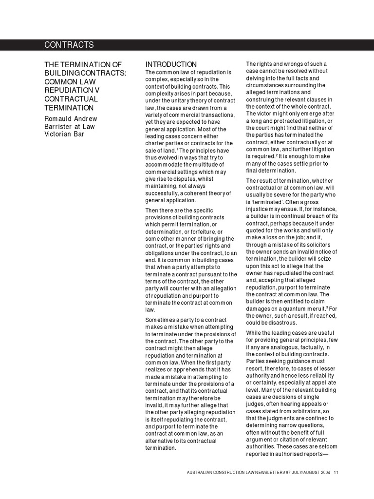 The Termination Of Building Contracts Common Law Repudiation V