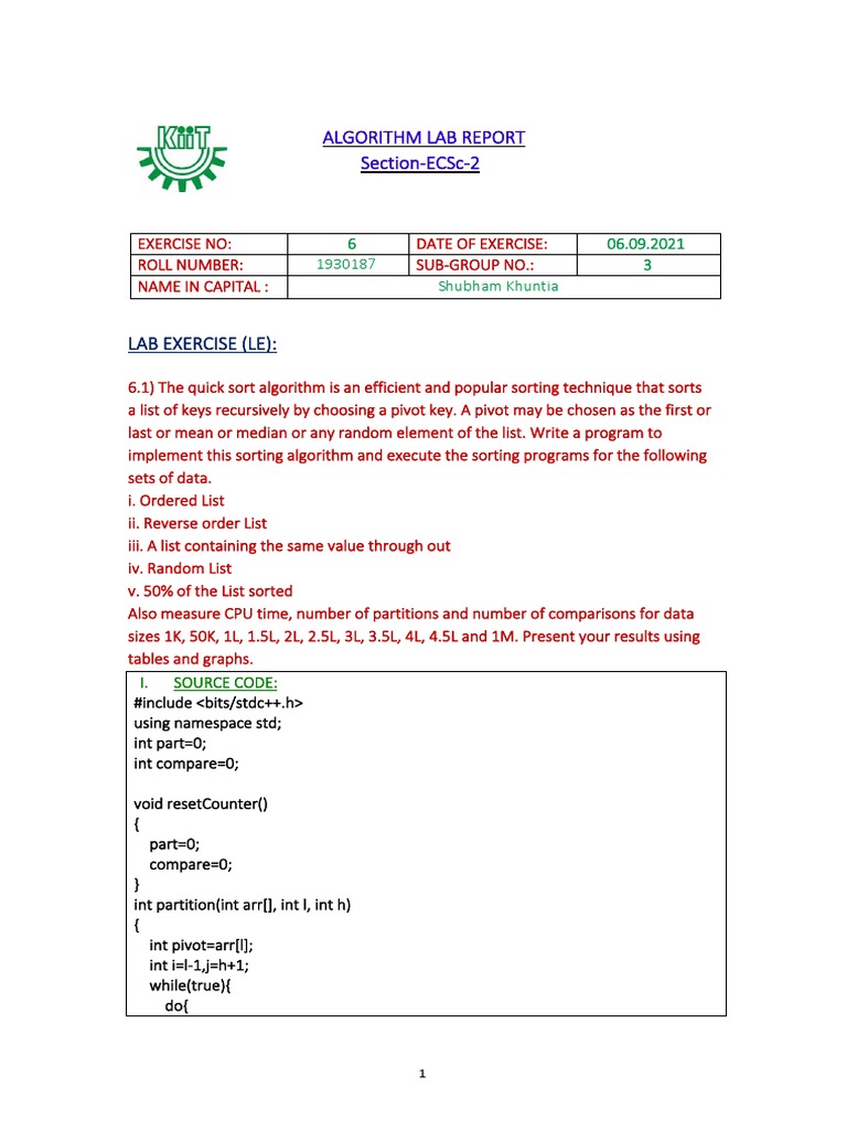 Quick Sort Algorithm Lab Report | PDF | Teaching Mathematics ...