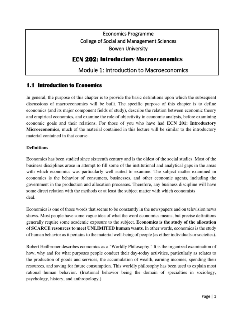 ECN 202 Introductory Macroeconomics Module 1 Introduction To