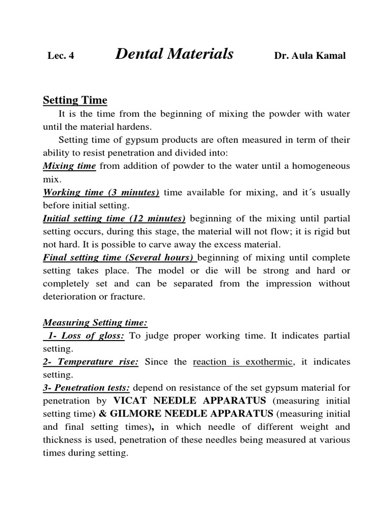 Dental Materials Setting Time PDF Plaster Crystallization