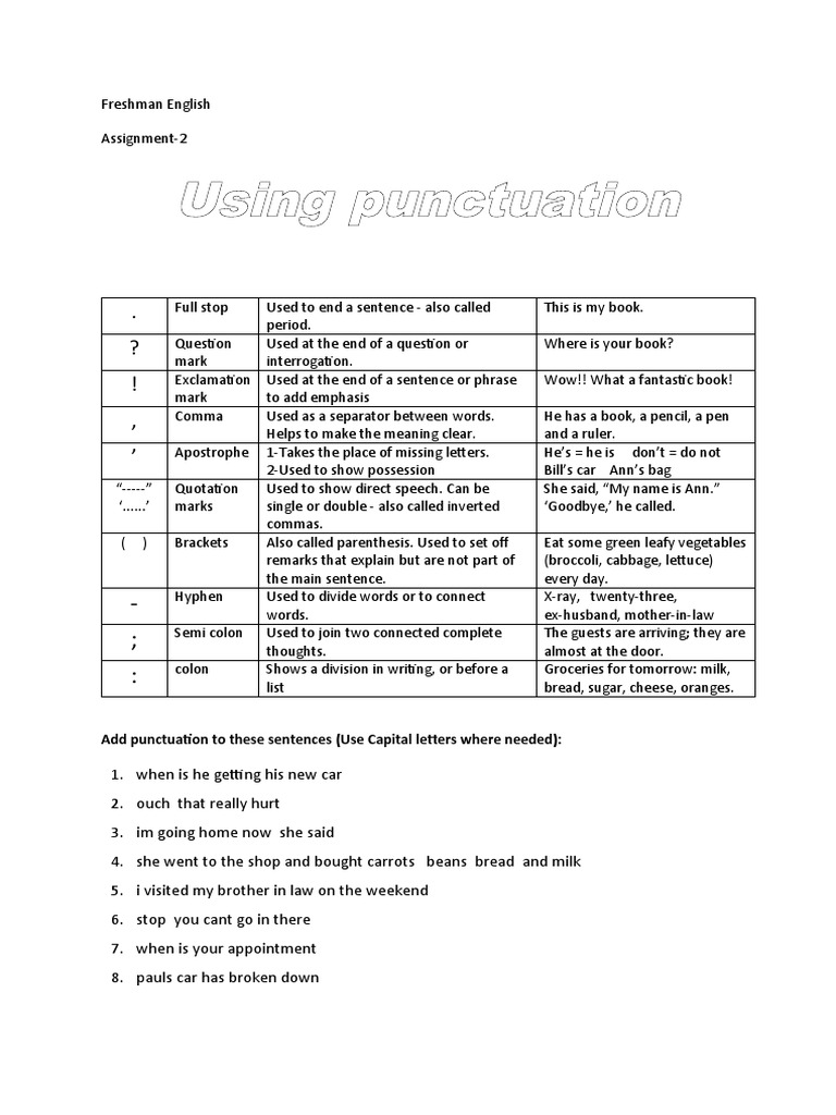 Using Punctuation: Add Punctuation To These Sentences (Use Capital ...