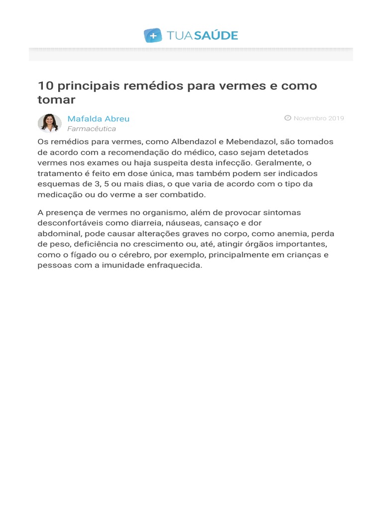 10 Principais Remédios para Vermes e Como Tomar - Tua Saúde-1 | PDF ...