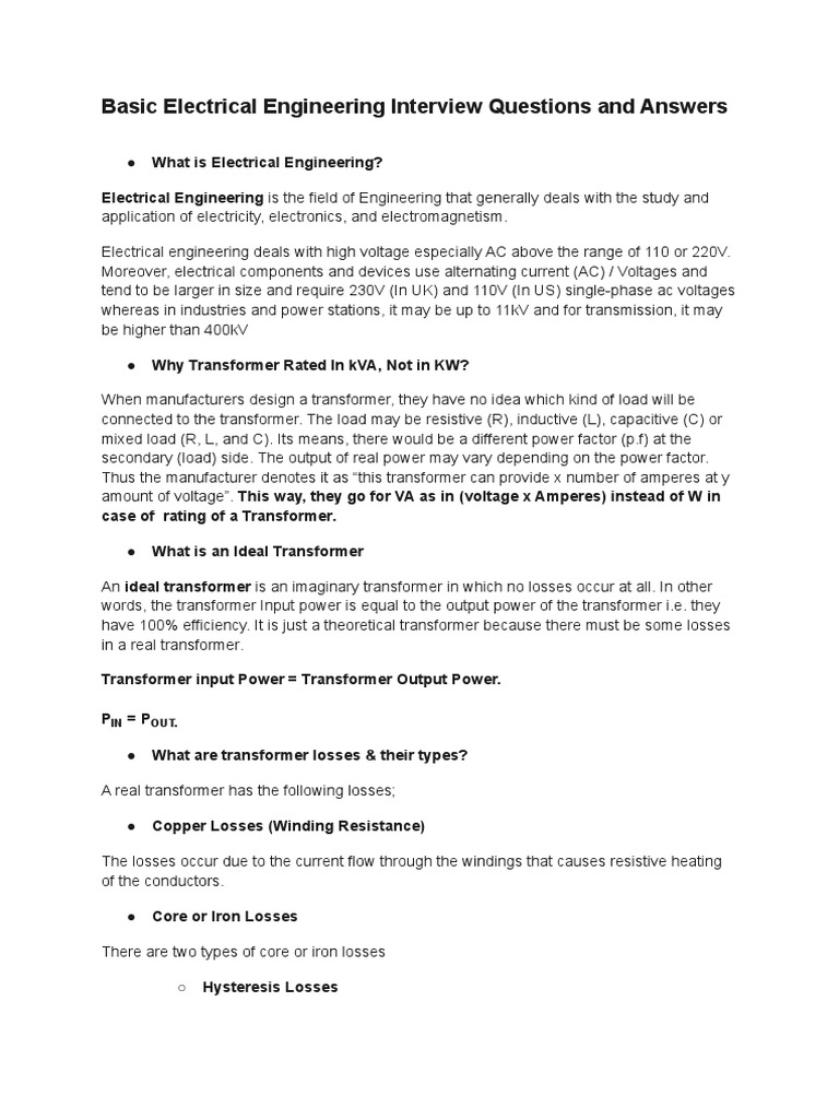Basic Electrical Engineering Interview Questions and Answers PDF