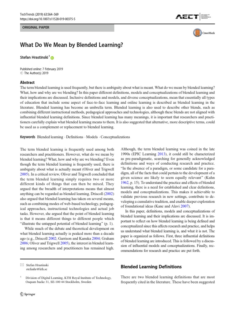 What Do We Mean by Blended Learning? Techtrends PDF Educational