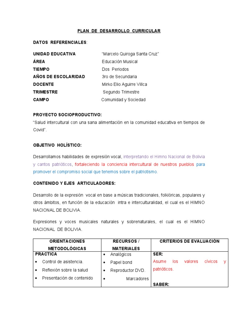 PLAN DE DESARROLLO CURRICULAR Mirko PDCC | PDF | Evaluación | Bolivia
