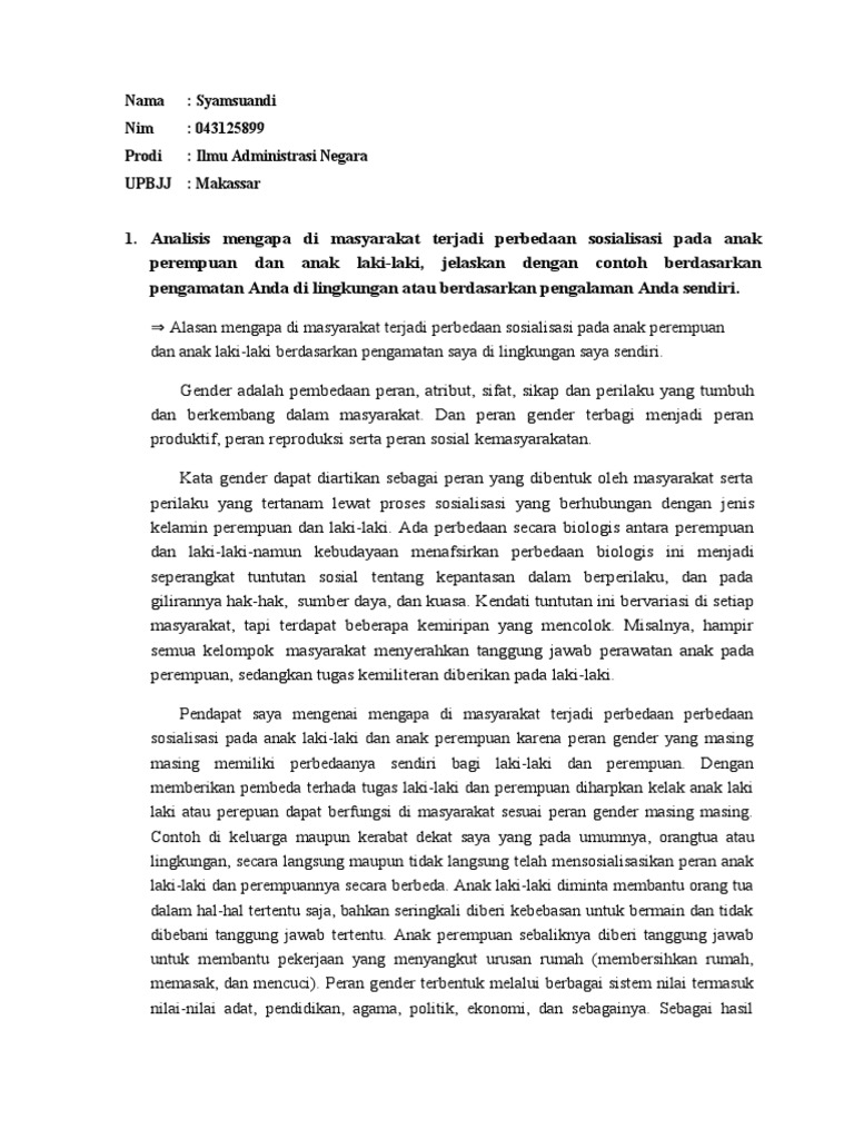 Pengertian Gender Dan Sosialisasi Gender Pdf Document