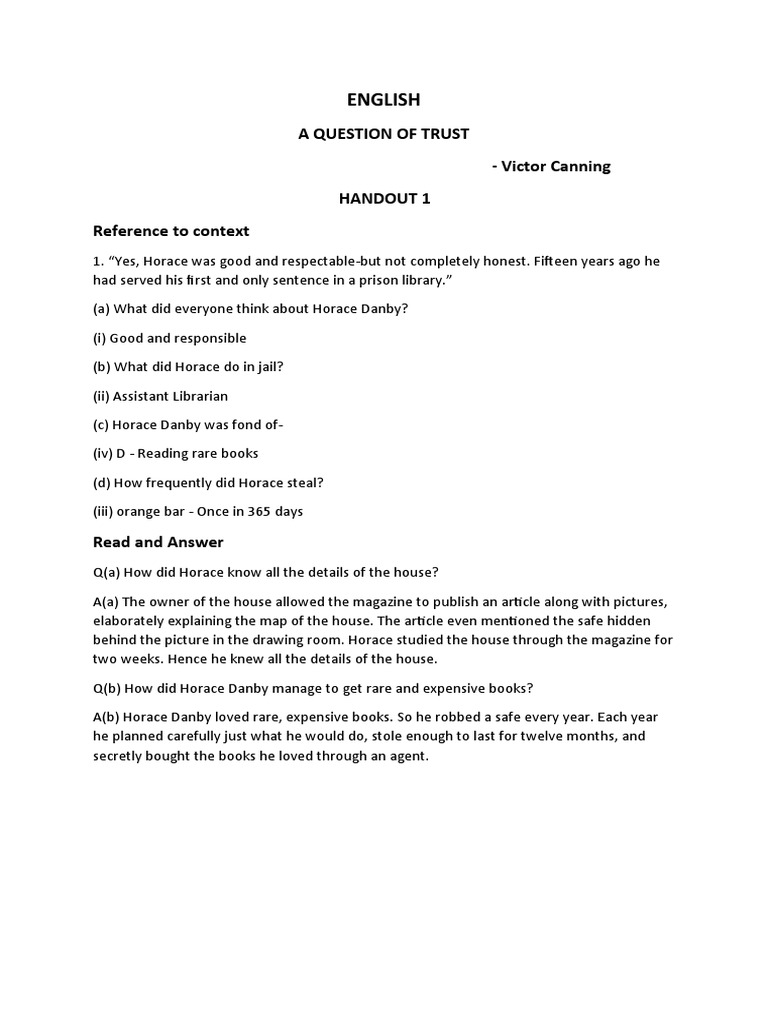 English A Question of Trust Handout 1 PDF