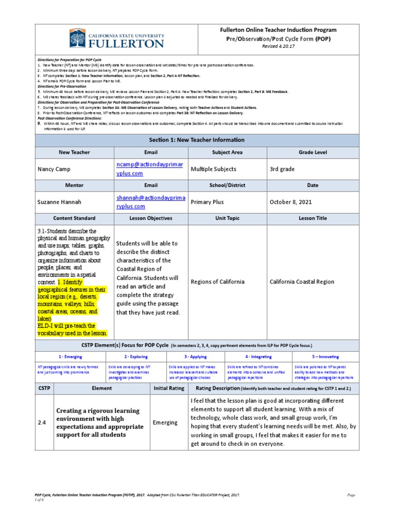 Fullerton Online Teacher Induc2on Program Pre/Observa (On/post Cycle ...