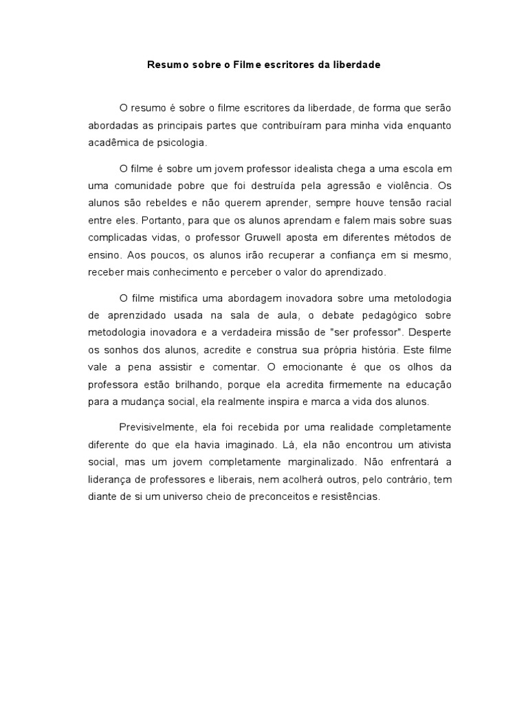 Resumo Sobre o Filme Escritores Da Liberdade Pedagogia Revisado | PDF