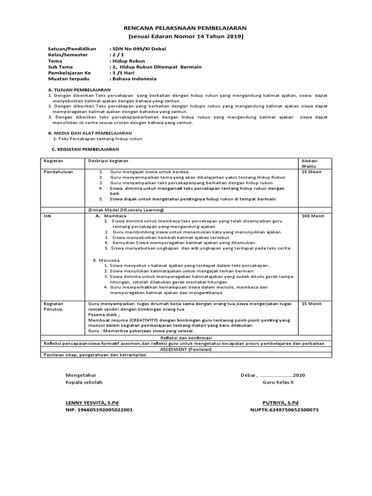 RPP Hidup Rukun Kelas 2 SD | PDF