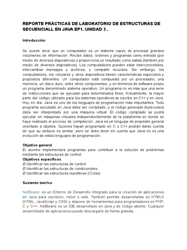 Reporte pr cticas de laboratorio de estructuras de secuenciall en java