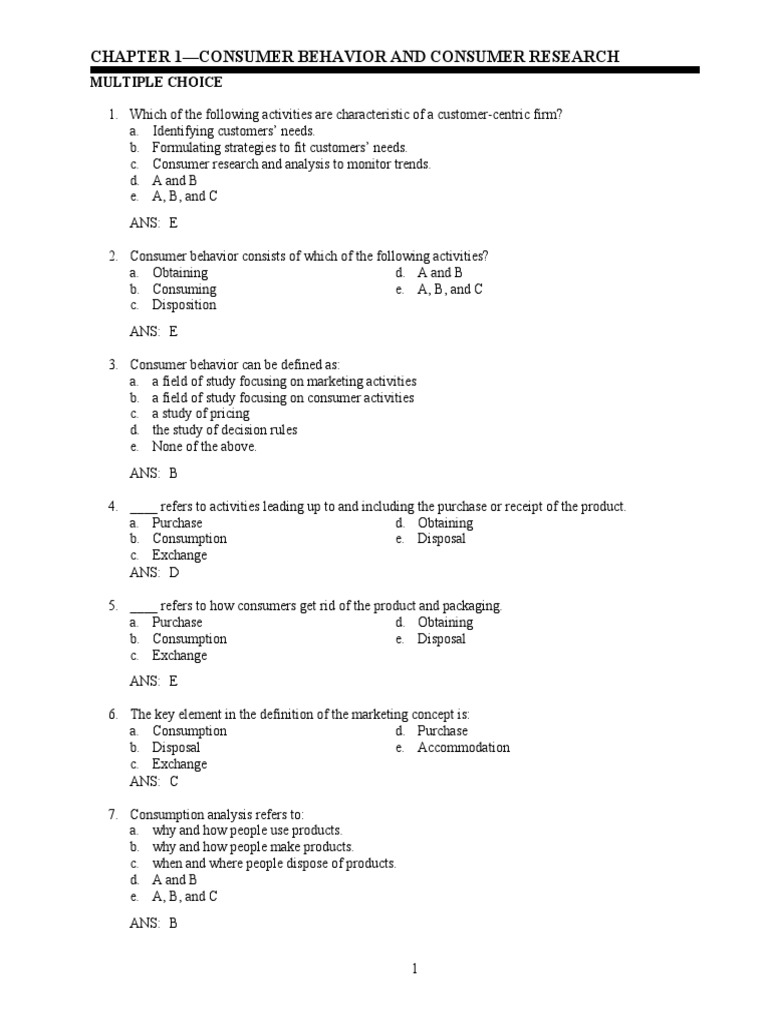 Chapter 1-Consumer Behavior and Consumer Research: Multiple Choice ...