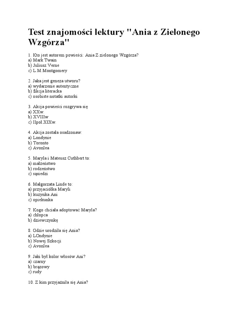 Ania Z Zielonego Wzgórza Test Z Odpowiedziami Pdf