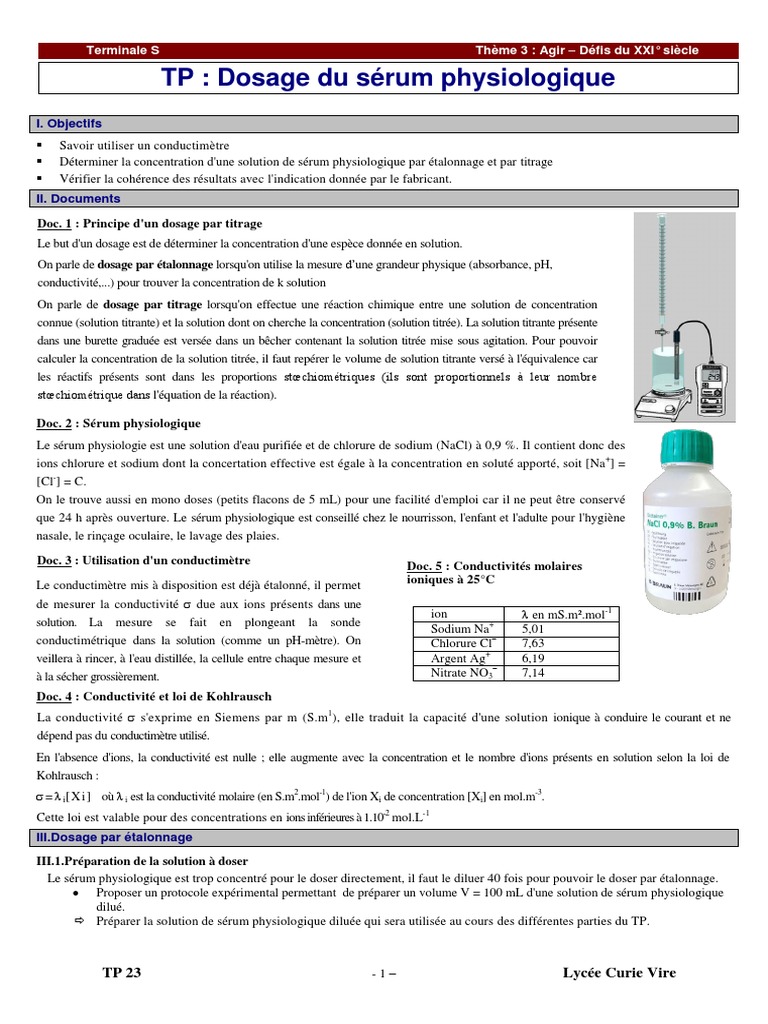 Dosage du sérum physiologique en TP 23 PDF Titrage Chimie — free download