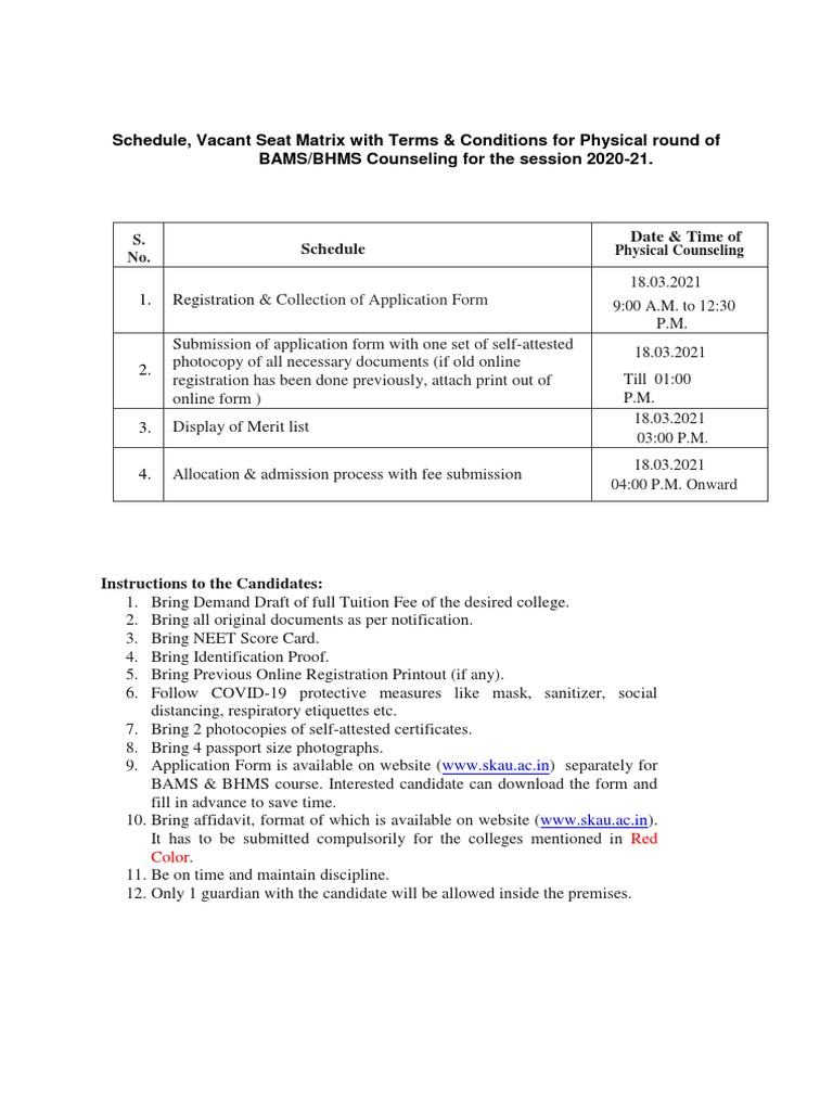 Schedule, Vacant Seat Matrix With Terms & Conditions For Physical Round