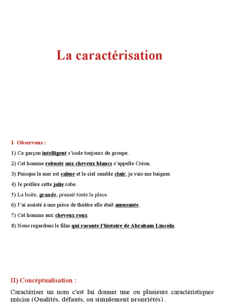 La Caractérisation | PDF | Adjectif | Pronom