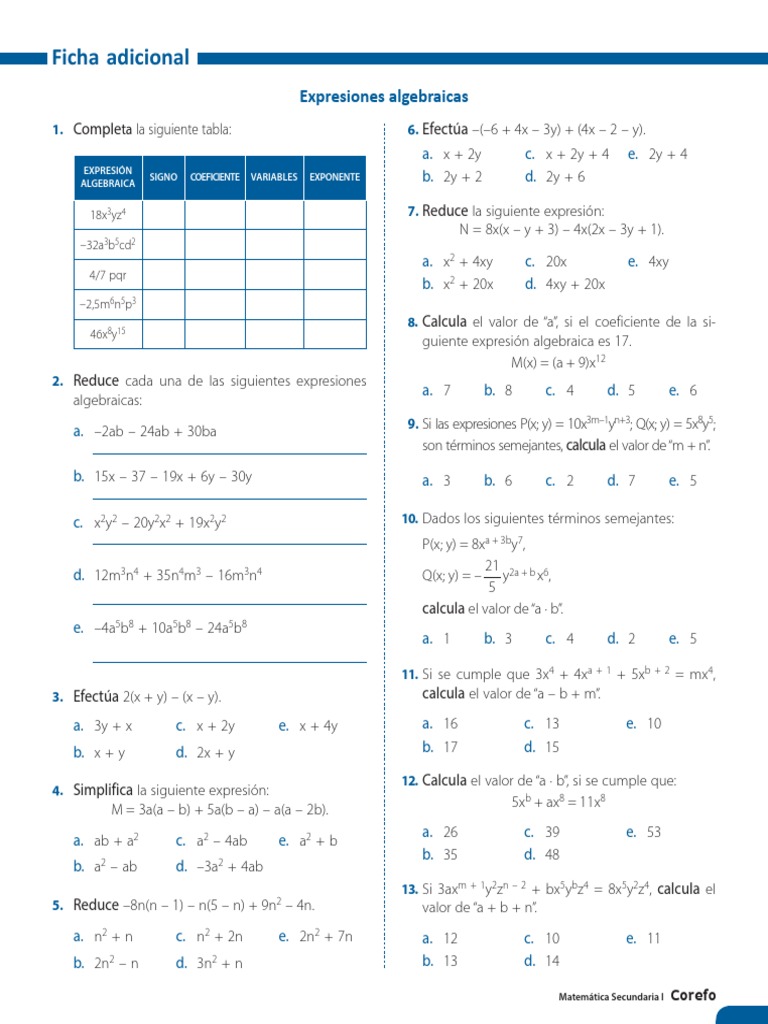 Ejercicios de Álgebra para Secundaria | PDF | Matemáticas
