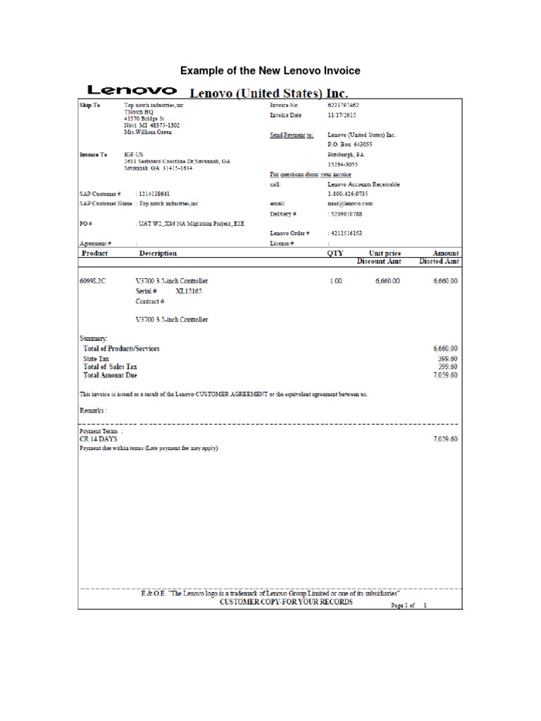 Example of The New Lenovo Invoice PDF
