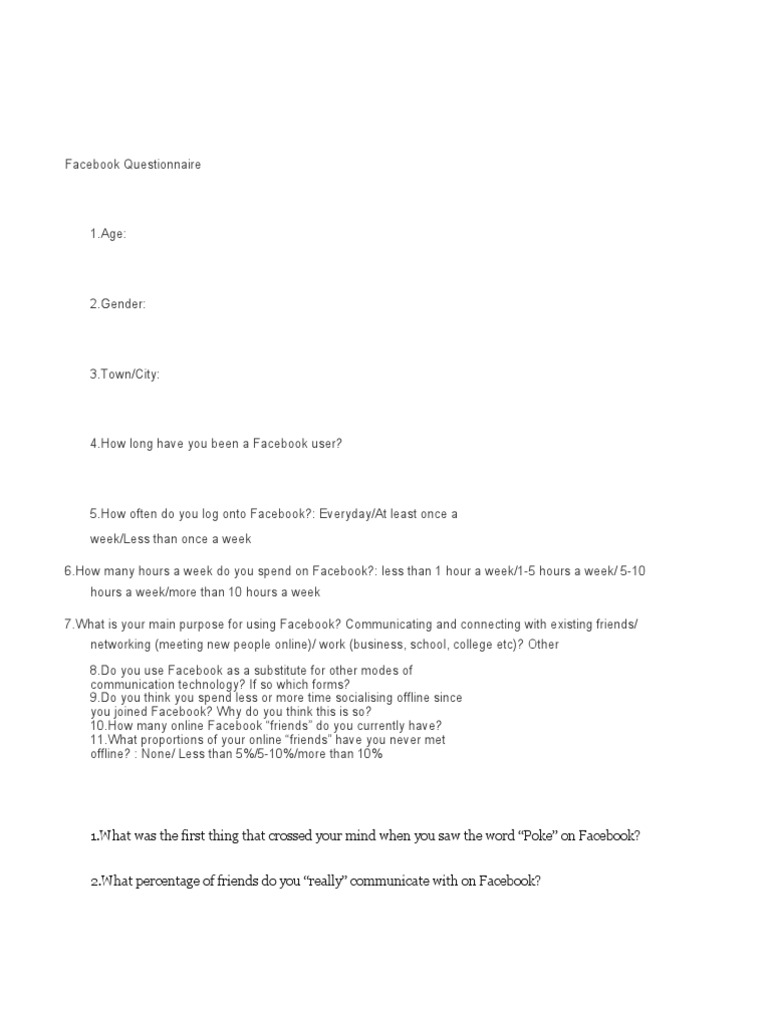 Facebook Questionnaire PDF Facebook Gender