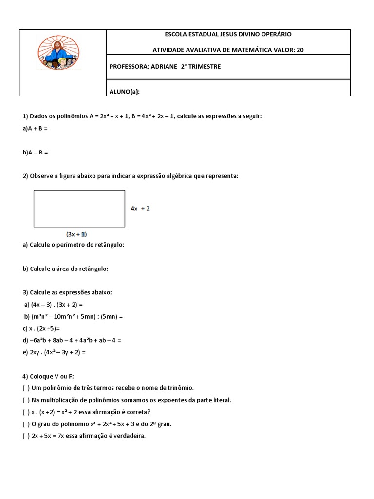 Atividade Avaliativa: Polinômios e Monômios | PDF