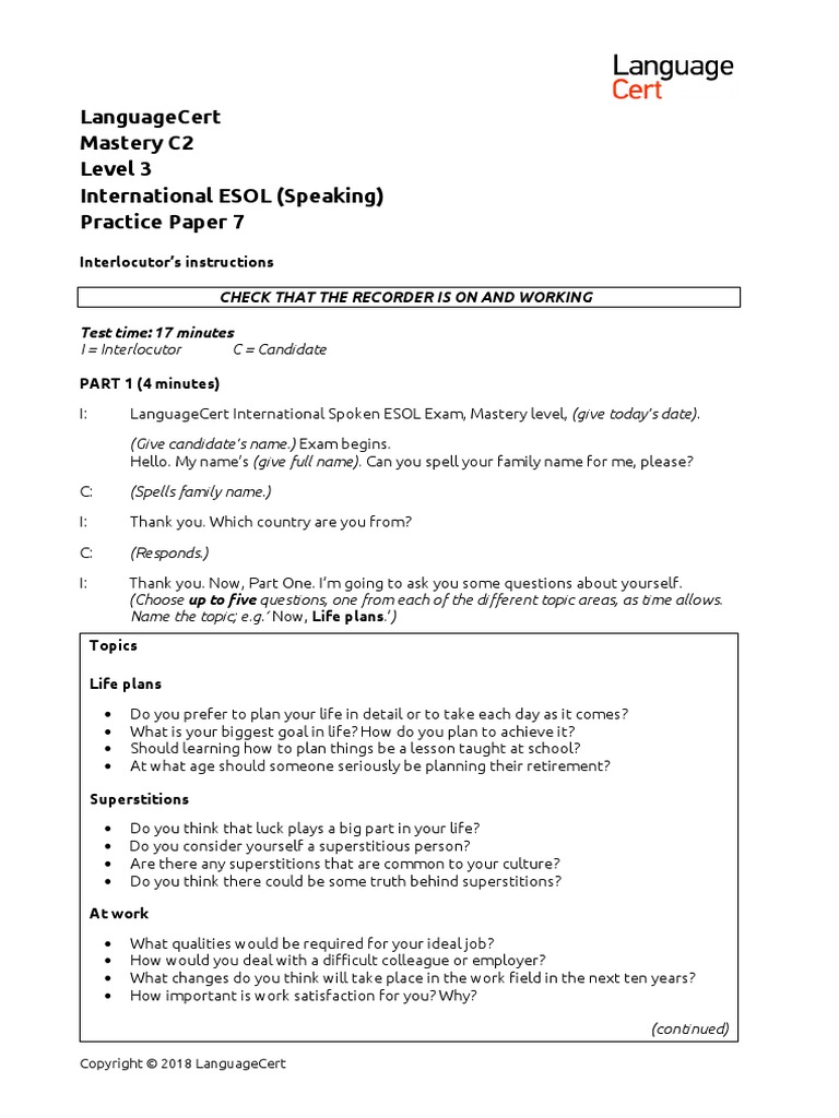 LanguageCert PP7 C2 IESOL Speaking | PDF | English As A Second Or ...