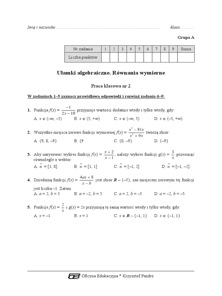 Ułamki Algebraiczne Równania Wymierne Praca Klasowa Nr 1