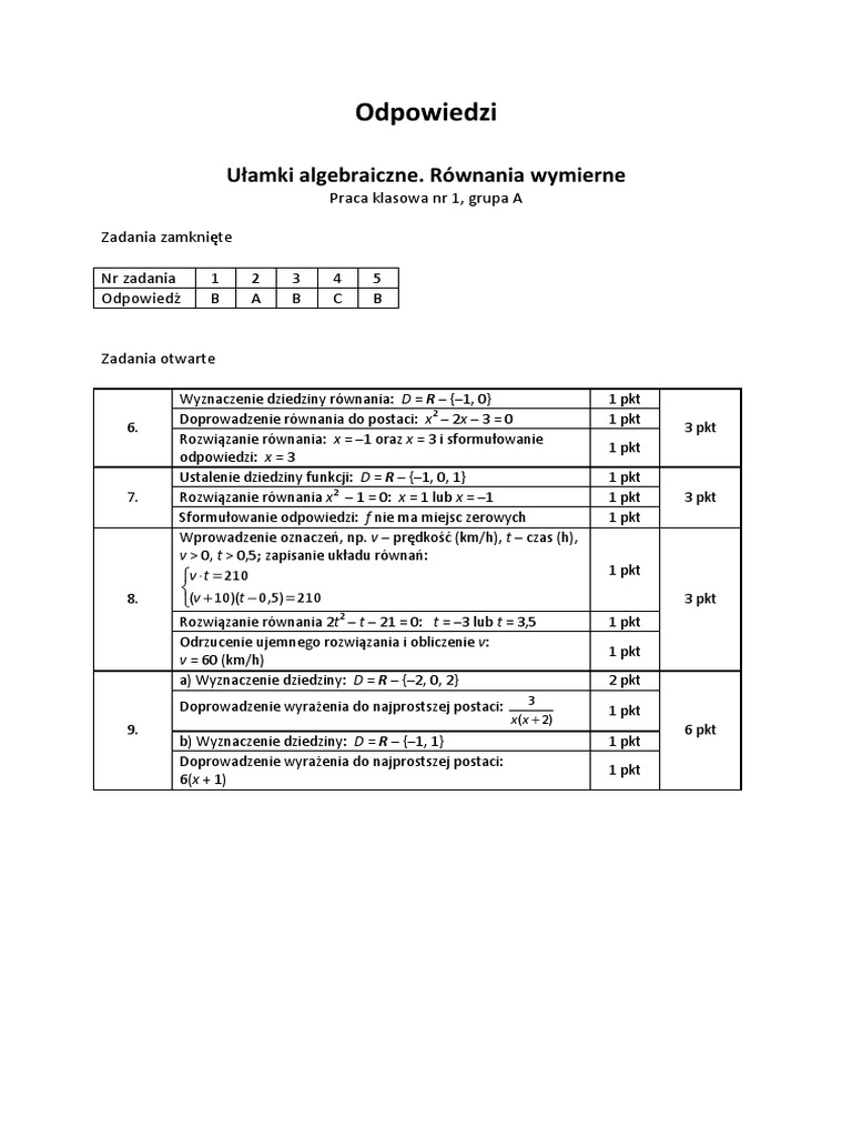 Ułamki Algebraiczne Równania Wymierne Praca Klasowa Nr 1