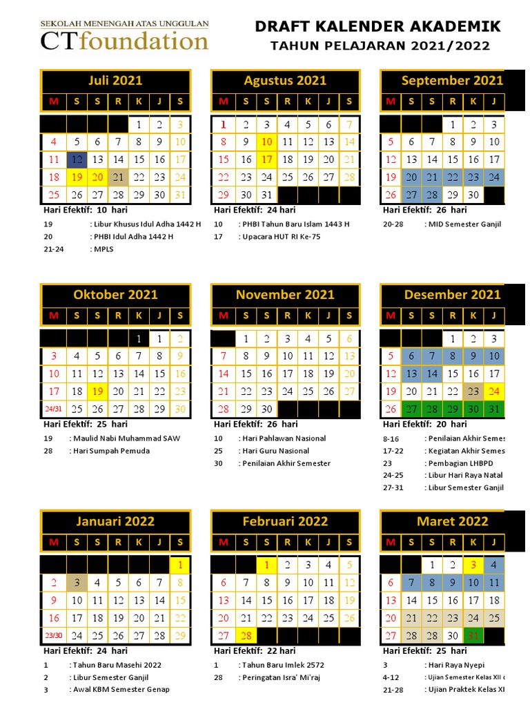 Kalender Pendidikan SMA CTF 2021-2022 (Draft) | PDF