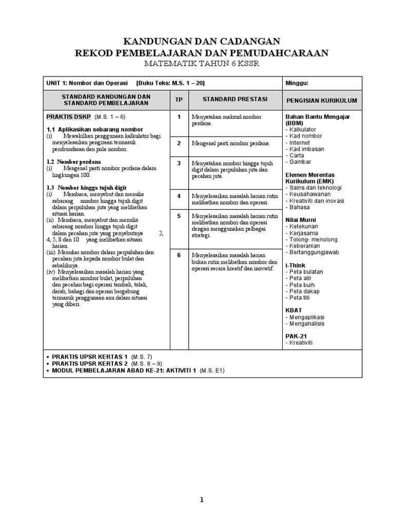 Rekod Pdpc Matematik Tahun 6 Pdf