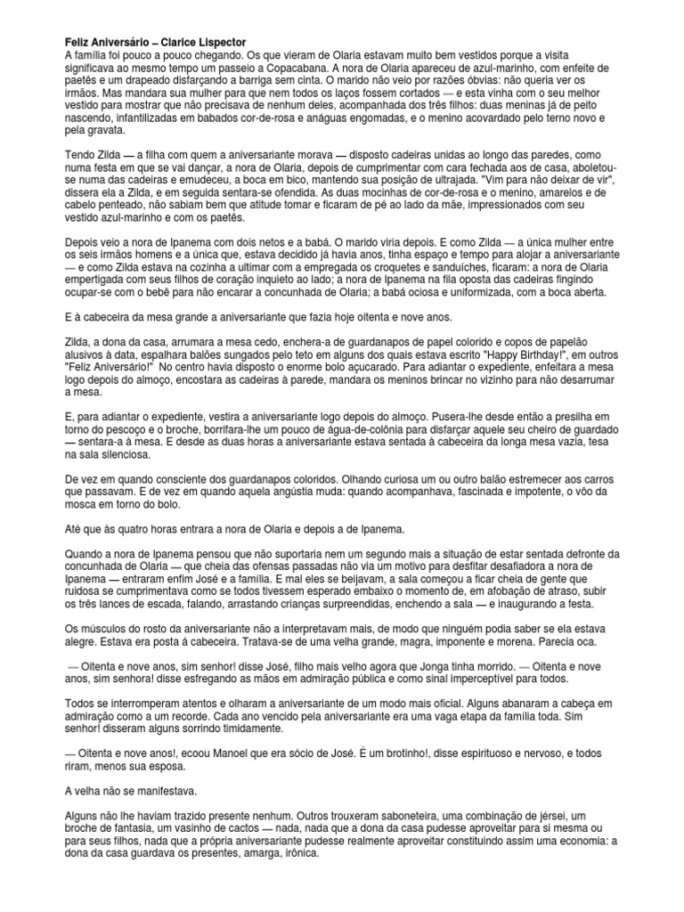 Feliz Aniversário - Clarice Lispector | PDF, image size:768x1024