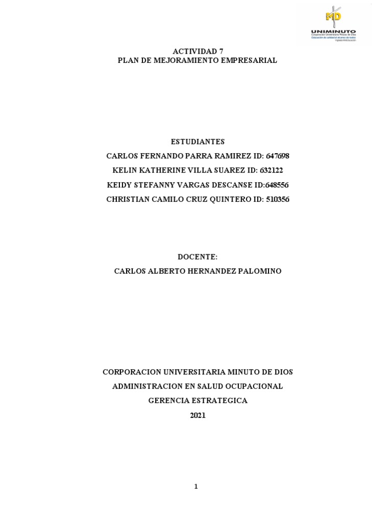 Plan de Mejora Empresarial Distriprotecciones | PDF | Calidad ...