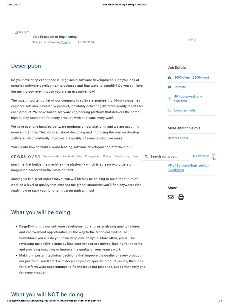 Vice President of Engineering - Crossover | PDF | Software Engineering ...