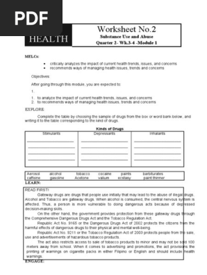 tobacco alcohol and other drugs prevention worksheet answers Drug Unit Substance Use and Gateway Drugs